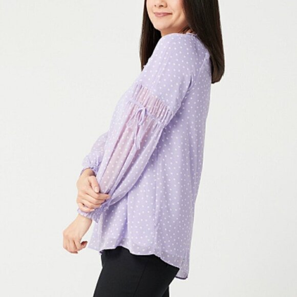 SUSAN GRAVER Printed Sheer Chiffon Raglan Sleeve Peasant Top Lilac Lavender Boho - Picture 3 of 13